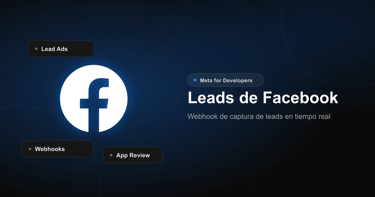 Logo de Facebook junto a las etiquetas Lead Ads, Webhooks y App Review